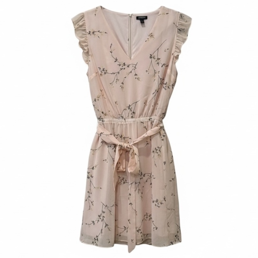 Express Blush Floral Belted Ruffled Sleeve Dress